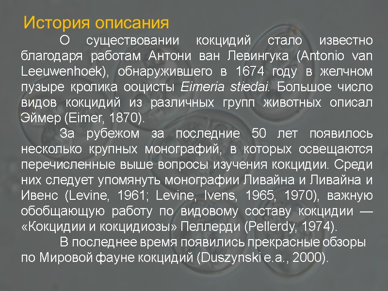 История описания  О существовании кокцидий стало известно благодаря работам Антони ван Левингука (Antonio